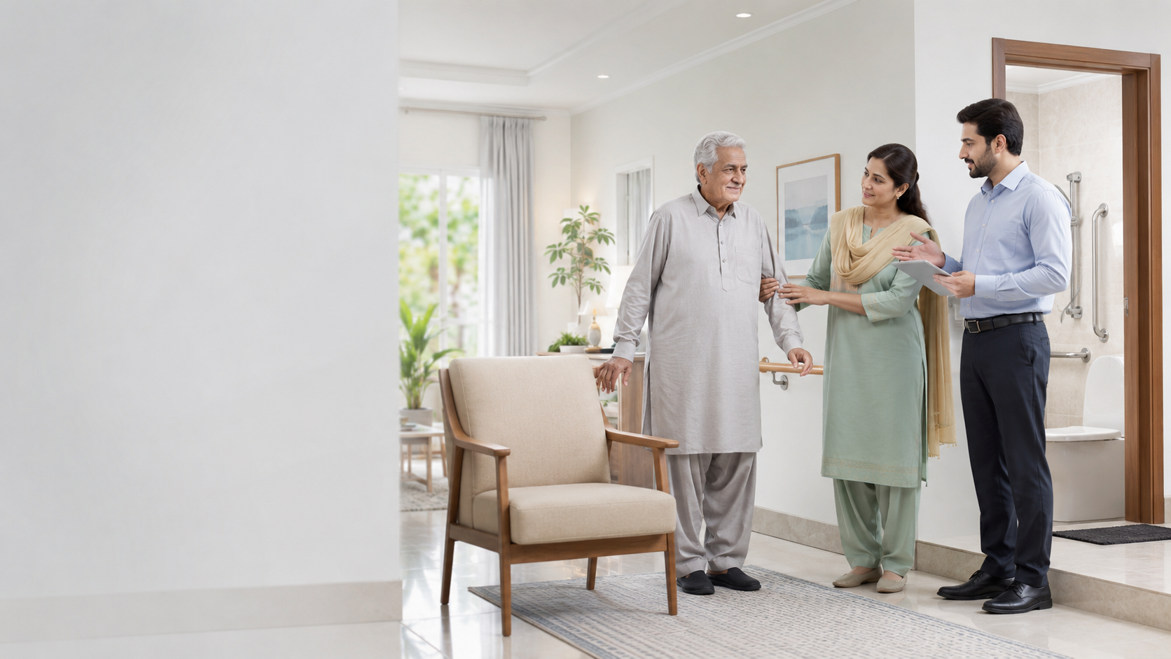 Assessment-led elderly support guidance for home, bathroom, transfer, and caregiver routines