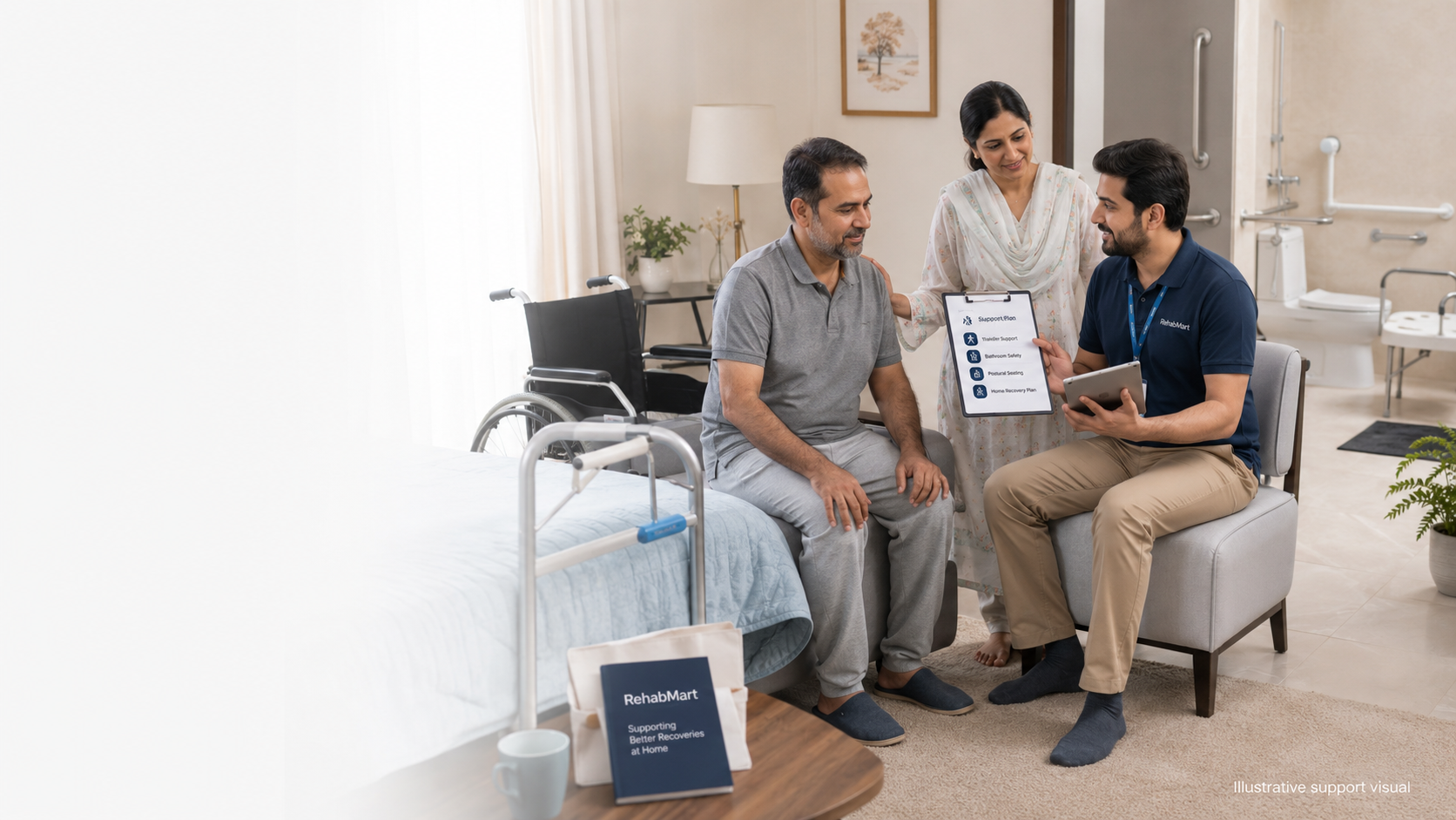Assessment-led stroke support guidance for mobility, transfer, seating, bathroom, and caregiver routines
